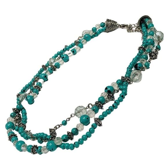 Vintage Premier Designs Faux Blue Turquoise Glass Bead Silver Tone Necklace 20” - Picture 3 of 7